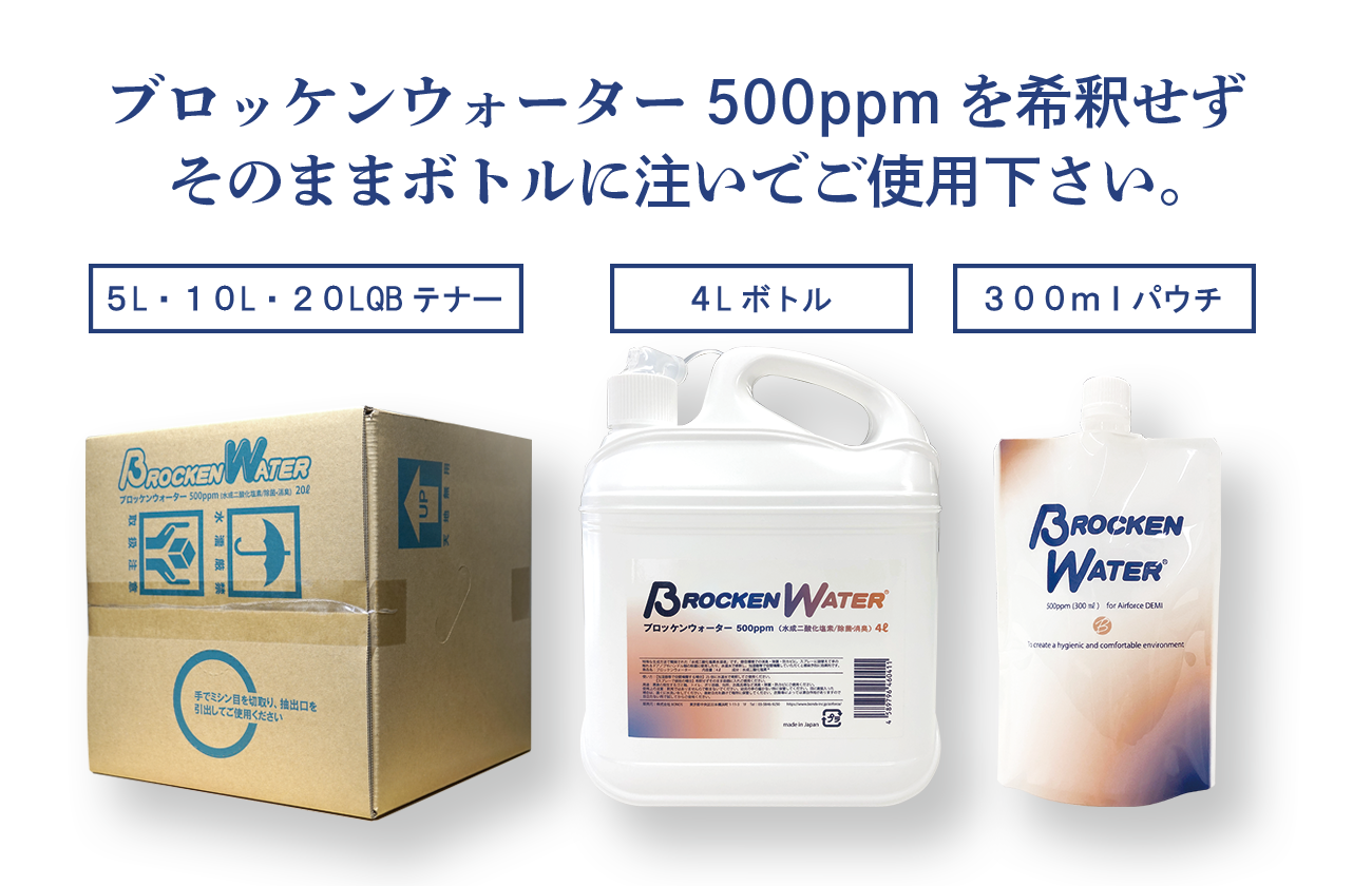 ブロッケンウォーター500ppmを希釈せずにそのままボトルに注いでご使用下さい。　5Ｌ・10Ｌ・20ＬＱＢテナー　４Ｌボトル　300mlパウチ