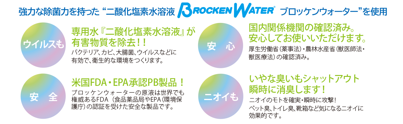 強力な除菌力を持った二酸化塩素水溶液ブロッケンウォーターを使用